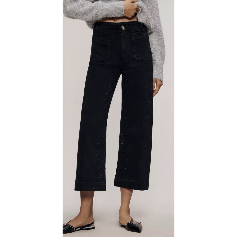 Anthropologie Maeve The Colette Sparkle Wide Leg Crop Pant Womens 27 P Black Fun